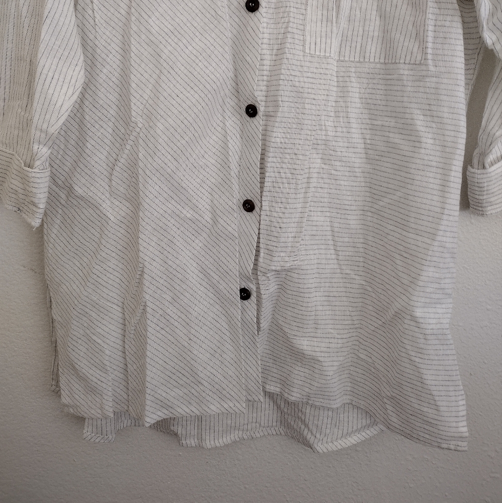 Hester & Orchard Linen Cotton Blend Striped White Blue Button-Up Shirt Small - Picture 3 of 13